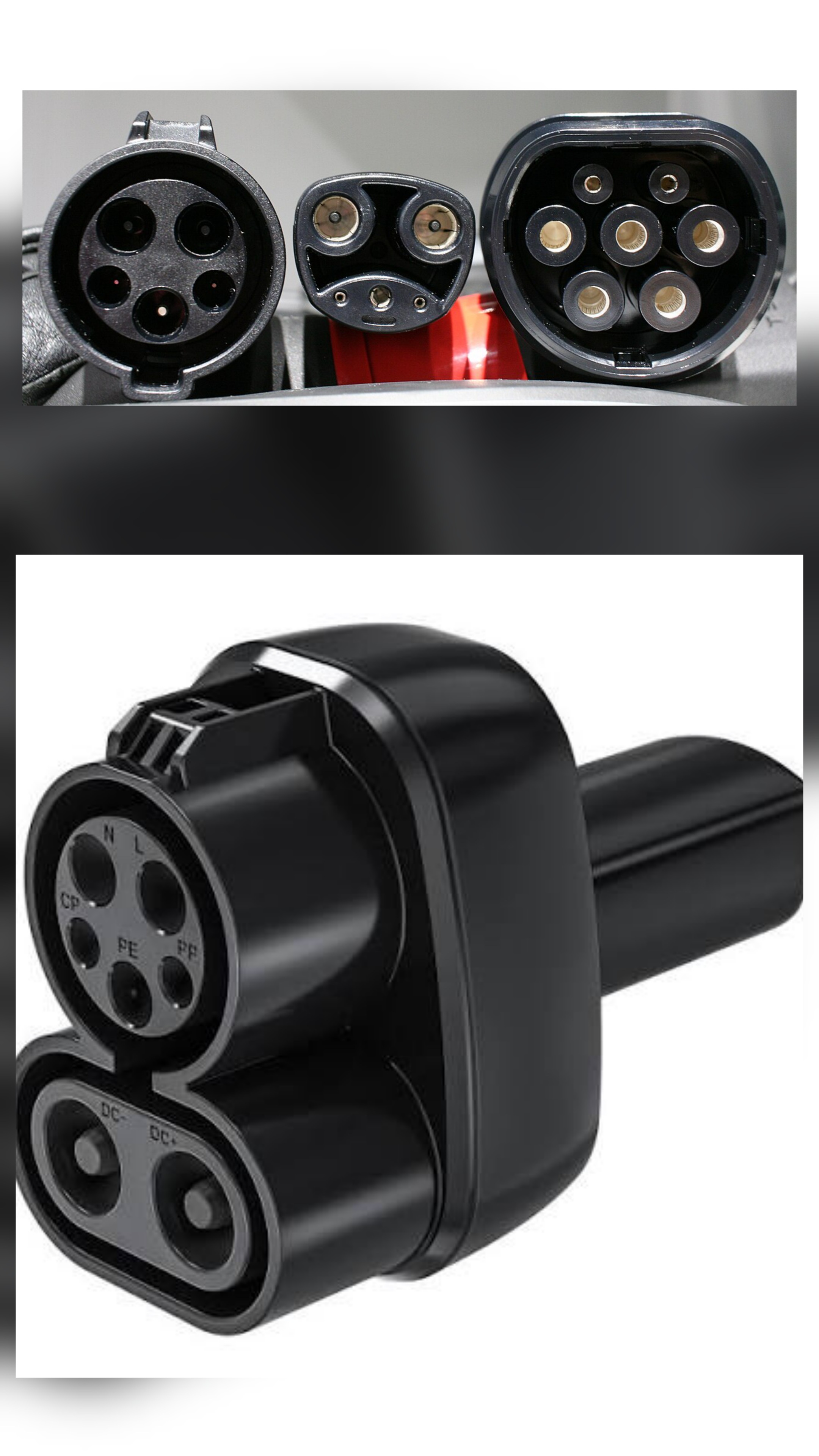 Three EV charging connectors side by side: J1772 (Type 1 AC), CHAdeMO, and CCS Combo