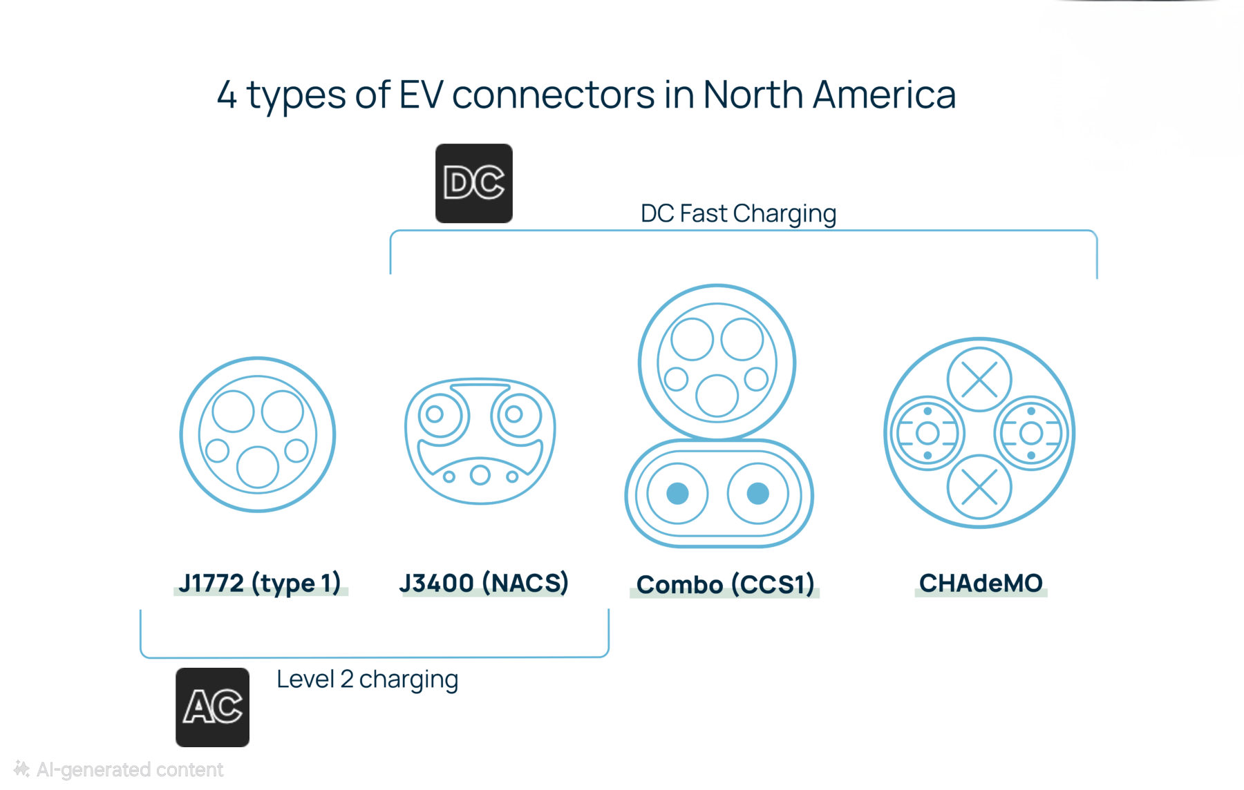 Diagram showing 4 types of EV connectors in North America: J1772, J3400 NACS, CCS Combo 1, and CHAdeMO